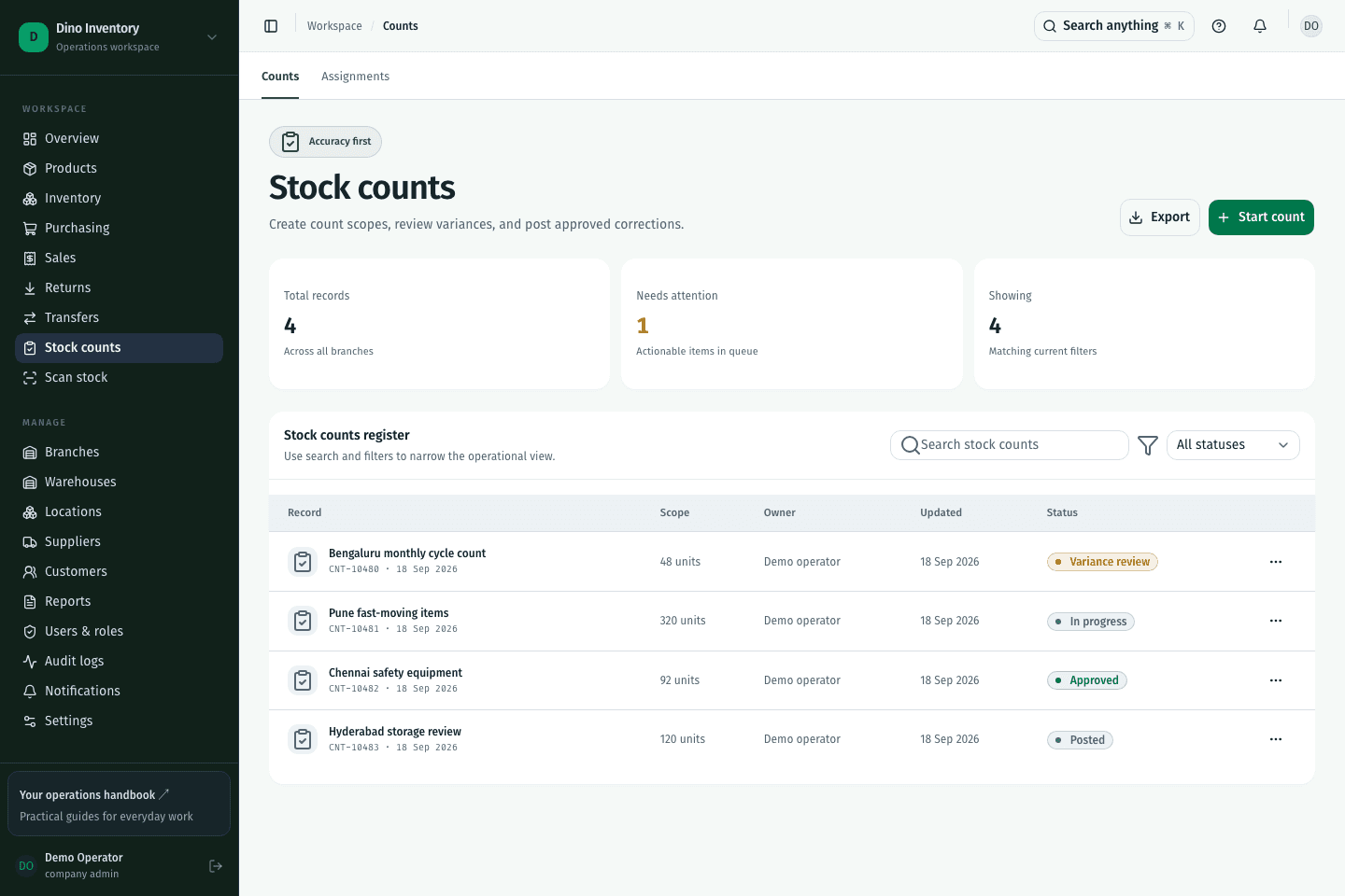 Dino Inventory stock counts screen with demonstration records