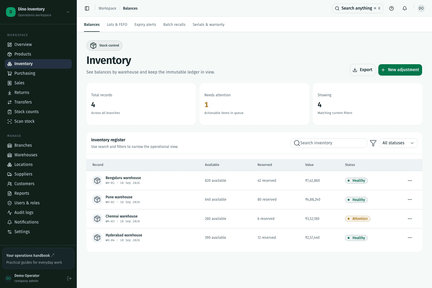 Dino Inventory inventory balances screen with demonstration records