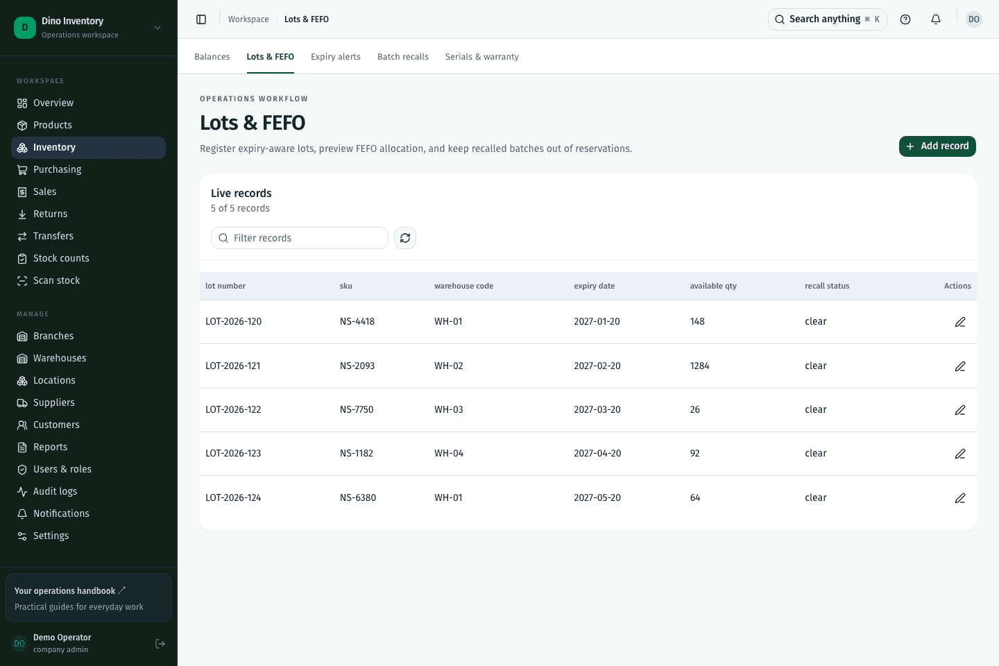Dino Inventory lots and expiry screen with demonstration records