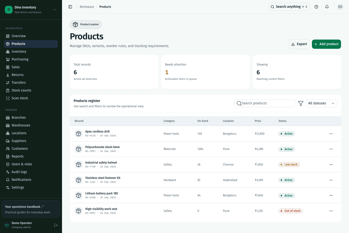 Dino Inventory product catalogue screen with demonstration records