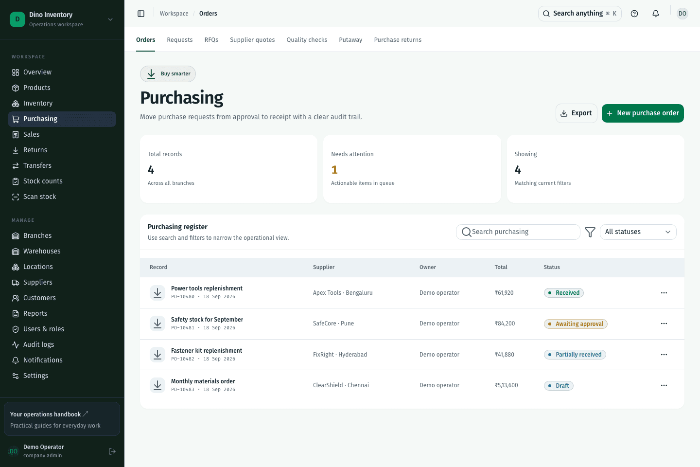 Dino Inventory purchasing workspace screen with demonstration records
