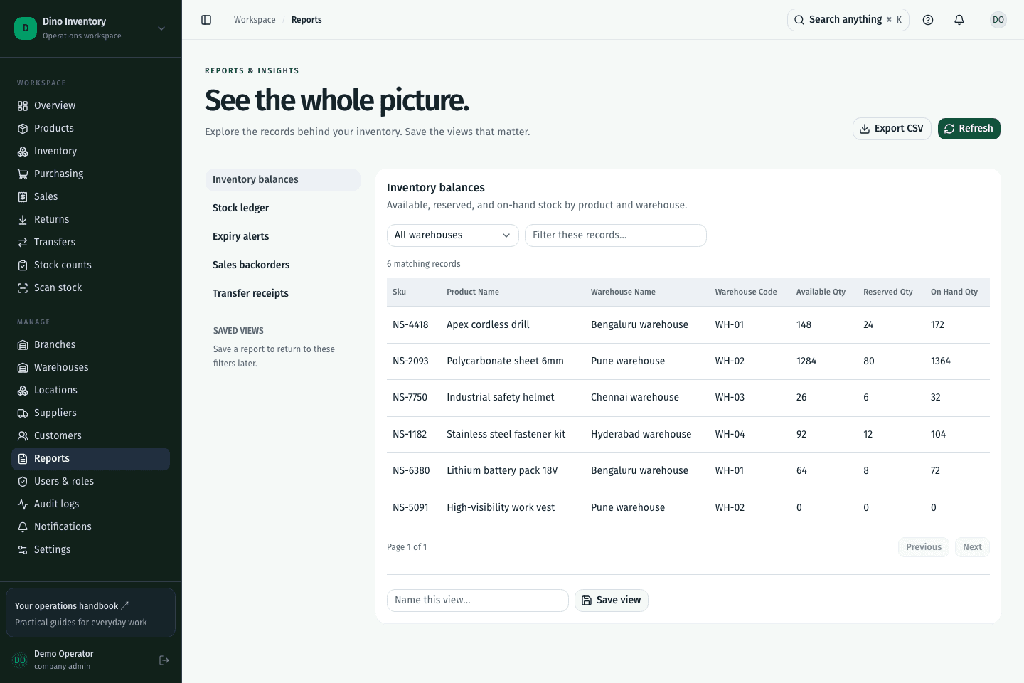 Dino Inventory live reports screen with demonstration records