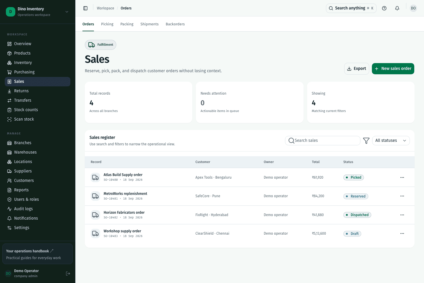 Dino Inventory sales fulfillment screen with demonstration records